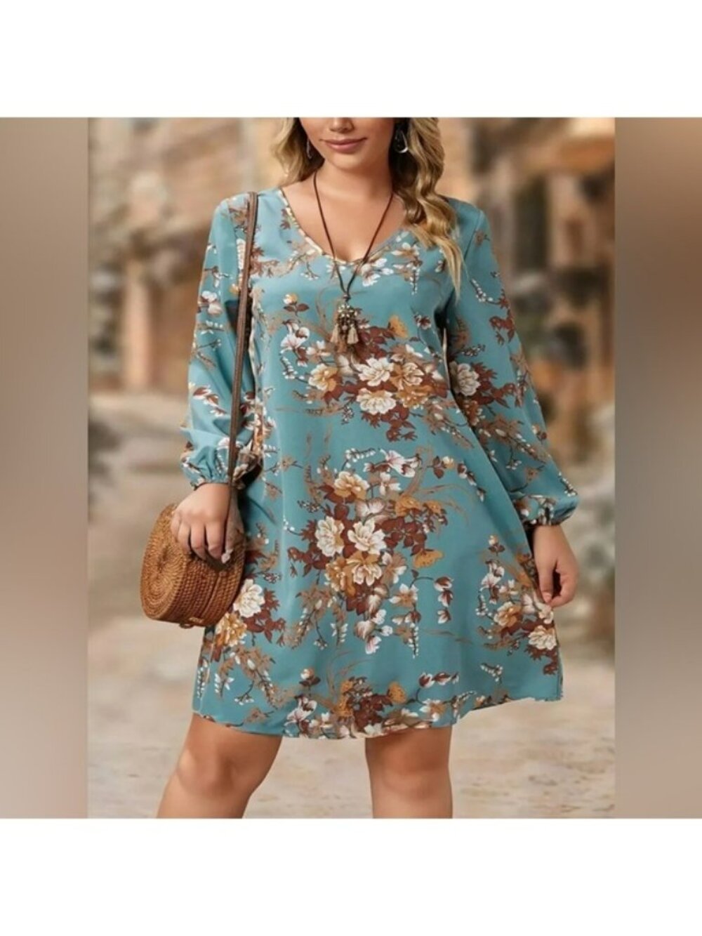 Floral V-Neck Teal Swing Dress